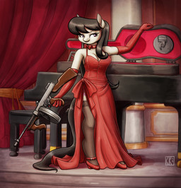 anthro armwear black_hair bow_tie breasts cello_case choker cleavage clothed clothing dress elbow_gloves female footwear fur gloves grand_piano grey_body grey_fur gun hair handwear high_heels holding_gun holding_object holding_ranged_weapon holding_weapon hooves inside jewelry keyboard_instrument legwear long_hair musical_instrument necklace piano purple_eyes ranged_weapon red_armwear red_clothing red_curtains red_dress red_elbow_gloves red_footwear red_gloves red_handwear red_high_heels shoes side_slit side_slit_dress slit_dress smile solo stockings submachine_gun thompson_gun unguligrade weapon king-kakapo friendship_is_magic hasbro my_little_pony octavia_(mlp) equid equine horse mammal pony 2019 absurd_res hi_res