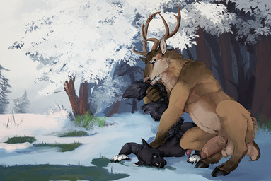 anthro antlers balls black_body black_fur blue_eyes brown_body brown_fur cloven_hooves crouching detailed_background duo erection fur genitals hooves horn humanoid_genitalia humanoid_penis lying male male/male male_anthro nude nude_anthro nude_male on_front outside penis pink_penis pinned pinned_to_ground plant slightly_chubby snow tail tail_pull tan_body tan_fur tan_penis teeth tree vein veiny_penis white_body white_fur i-psilone coal_(samt517) canid canine canis deer domestic_dog husky mammal nordic_sled_dog spitz 2020