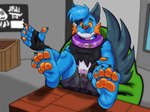 4_toes 5_fingers absurd_res agent_3_(splatoon_3) anthro bean_bag belt_buckle black_clothing blue_body blue_fur blurred_background bottomwear canid canine canis claws clothing countershading damaged_clothing exposed_belly feet feet_on_desk feet_on_table fin fingers food foot_focus fruit fur furniture generation_3_pokemon hand_wraps handpaw head_tuft hi_res hybrid male mammal neckband neckwear nintendo orange_body orange_eyes orange_gills orange_nose orange_pawpads orange_scales pawpads paws persim_berry plant pokemon pokemon_(species) pokemon_berry randytheartdog scales shirt sitting solo splatoon swampert table tail tail_fin tank_top toe_claws toes topwear torn_clothing tuft white_body white_countershading wolf wraps xevy
