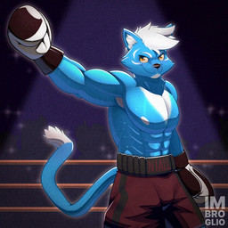 abs anthro black_nose blue_body blue_fur bodily_fluids bottomwear boxing boxing_gloves clothed clothing fight fighting_ring fur hair handwear male multicolored_body multicolored_fur muscular muscular_anthro muscular_male nipples orange_eyes pants pose shorts smile solo sport stadium standing sweat sweatdrop tail topless topless_anthro topless_male white_hair imbroglio_24 domestic_cat felid feline felis mammal 1:1 adversarial_noise