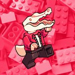 anthro black_bottomwear black_clothing black_pants bottomwear clothed clothing jacket lego_brick open_mouth orange_eyes pants red_clothing red_jacket red_topwear solo tail topwear walking white_body white_clothing white_nose white_tail white_topwear datbx lego datbx_(datbx) alligator alligatorid crocodilian lego_minifigure reptile scalie 2024 digital_media_(artwork)