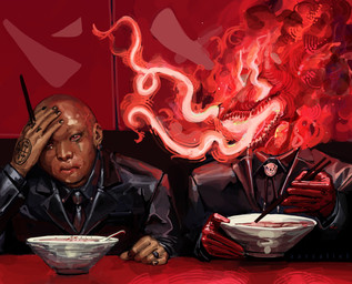 6_fingers ambiguous_gender anterior_nasal_aperture anthro bodily_fluids bone breath_powers chopsticks clothing cross crying dark_body dark_skin duo energy fingers flaming_eyes flaming_head gloves handwear horn inside inverted_cross inverted_cross_ear_piercing inverted_cross_piercing leather leather_clothing leather_gloves leather_handwear male necktie occult_symbol pentagram red_body red_eyes red_skin ring skull skull_head spicy spicy_food suffering suit suit_jacket symbol tattoo tears teasing tentacles zarzaliel the_lesser_key_of_solomon aim_(goetia) demon human mammal hi_res