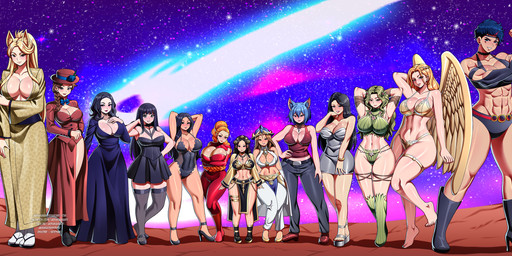 abs animal_ears big_breasts biped black_hair blonde_hair blue_hair bottomwear breasts brown_hair cleavage clothed clothing dress eyelashes feathered_wings feathers feet female flexing footwear group hair hand_on_hip hands_behind_head high_heels larger_female legwear leotard lingerie long_hair looking_at_viewer muscular muscular_female navel orange_hair outside pants pupils shadow shirt shoes short_hair size_difference smaller_female smile standing thick_thighs thigh_highs toes topwear wide_hips wings jadenkaiba animal_humanoid canid canid_humanoid canine canine_humanoid human humanoid mammal mammal_humanoid winged_humanoid hi_res