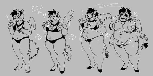 anthro areola bikini bodily_fluids body_size_growth breast_expansion breasts bursting_out_of_clothing clothing cowbell erect_nipples expansion exposed_breasts female four_frame_sequence freckled_face freckles genital_fluids genitals hooves motion_lines nipples pubes size_transformation solo standing sweat swimwear tail tail_tuft torn_bikini torn_clothing torn_swimwear transformation transformation_sequence tuft two-piece_swimsuit vaginal_fluids vulva weight_gain wings petramcbiteybite petra_(petramcbiteybite) bovid bovine cattle domestic_cat felid feline felis mammal 2026 2:1 absurd_res hi_res monochrome sequence