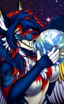 5_fingers anthro breasts claws earth female finger_claws fingers fur hair holding_planet licking macro moon multicolored_body multicolored_fur open_mouth planet planet_destruction planet_dwarfing space star terra_macro tongue tongue_out wings yutmutt okuri_(orionmechadragon) canid canine fox mammal 2022 absurd_res artist_name hi_res