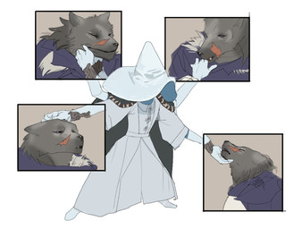 4_arms anthro clothing doll duo female hat headgear headwear humor male male/female multi_arm multi_limb petting robe scar white_clothing wizard_hat darkslog_0log elden_ring fromsoftware blaidd_(elden_ring) ranni_the_witch animate_inanimate canid canine canis human living_doll mammal wolf 2022 meme