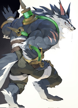 anthro back_muscles biceps big_butt butt clothed clothing deltoids digitigrade fangs fur male muscular muscular_anthro muscular_male partially_clothed red_eyes scar sharp_teeth simple_background smile solo teeth triceps yed league_of_legends riot_games tencent warwick_(lol) canid canine canis mammal wolf hi_res