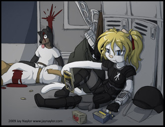 anthro blonde_hair blood blue_eyes bodily_fluids book boots chips_(food) clothed clothing death eating female food footwear gore group gun hair hat headgear headwear inside locker male pigtails potato_chips ranged_weapon reading shirt shoes sitting text tongue tongue_out topwear weapon conditional_dnp jay_naylor fallout microsoft janie_(jay_naylor) canid canine canis domestic_cat domestic_dog felid feline felis mammal 2009 digital_media_(artwork) shaded url