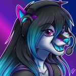 anthro blue_body blue_fur clothing electronics female fur gaming hair headgear headphones headset long_hair pink_body pink_fur playing_video_game purple_eyes shirt smile solo tank_top topwear conditional_dnp vilani yozora canid canine canis mammal wolf 1:1 bust_portrait portrait