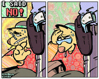 2_panel_comic 4_fingers abstract_background aloha_shirt anthro bodily_fluids cigarette clothing dialogue duo eyewear fingers fur gun handgun hat headgear headwear holster holstered_pistol male mostly_offscreen_character nervous pattern_clothing pattern_shirt pattern_topwear pistol ranged_weapon shirt smoking solo_focus sunglasses sweat text topwear weapon yellow_body yellow_fur rawdawgcomics rawdawgcomics_(series) stahli_(rawdawgcomics) canid canine canis domestic_dog mammal 5:4 artist_name comic digital_media_(artwork) english_text