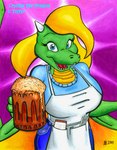 anthro apron beverage blonde_hair blue_clothing clothing eyelashes female foam green_body green_scales hair horn looking_at_viewer notebook root_beer scales simple_background smile soda solo waiter waitress_uniform wings yellow_body yellow_scales badgerben mythology crystal_(badgerben) dragon mythological_creature mythological_scalie scalie