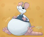 anthro belly big_belly clothing fur grey_body grey_fur inflation liquid_inflation male overweight overweight_anthro overweight_male paws shirt simple_background solo sound_effects topwear water_inflation white_belly yellow_background denaturedalbumin laszlo_(denaturedalbumin) mammal murid murine rat rodent hi_res