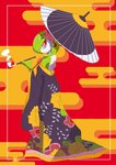 accessory asian_clothing bright_colors clothed clothing east_asian_clothing female flower hair_accessory japanese_clothing kimono kiseru looking_at_viewer off_shoulder parasol pattern_clothing plant red_eyes rose_(flower) smoking smoking_pipe solo niumu nintendo pokemon gardevoir generation_3_pokemon pokemon_(species) absurd_res digital_media_(artwork) hi_res