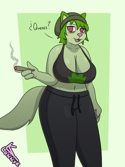 asking asking_viewer beanie big_breasts blush bottomwear breasts cleavage clothed clothing crop_top dialogue drugs female hat headgear headwear huge_breasts marijuana navel offering_to_viewer pants question questioning_tone shirt smoke solo standing sweatpants text topwear yes-no_question lonnyk nintendo pokemon weed_cat_(meme) ¿quieres? generation_9_pokemon pokemon_(species) sprigatito 3:4 hi_res meme spanish_text translated