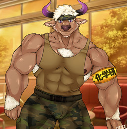 abs accessory anthro armband armpit_hair belt body_hair bottomwear brown_body brown_fur cargo_pants chest_tuft clothing fur furniture hair headband horn male multicolored_body multicolored_fur muscular muscular_anthro muscular_male nipples pants pecs plant shirt sofa solo sunset tank_top topwear tree tuft white_body white_fur white_hair window vitzeal lifewonders tokyo_afterschool_summoners shennong_(tas) bovid bovine cattle mammal hi_res signature