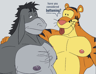 anthro anthro_on_anthro anthrofied areola armpit_hair barazoku big_muscles blep body_hair chest_hair dialogue dot_eyes duo eyebrows frown fur grey_background hair hand_on_shoulder imminent_sex male male/male muscular muscular_anthro muscular_male narrowed_eyes nipples nude pecs simple_background simple_eyes smile text tongue tongue_out tuft whiskers backhog disney winnie_the_pooh_(franchise) eeyore tigger asinus donkey equid equine felid mammal pantherine tiger 2025 english_text reaction_image