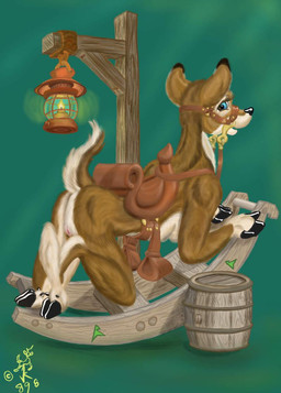 all_fours anthro barrel biped black_hooves black_nose blue_eyes breasts bridle brown_body brown_fur butt crossed_legs eyelashes feet female fire fluffy fluffy_tail fur genitals green_background half-closed_eyes harness hooves lamp lantern looking_at_viewer looking_back multicolored_body multicolored_fur narrowed_eyes nude open_mouth presenting presenting_hindquarters presenting_vulva raised_tail reins saddle short_tail side_boob simple_background slim solo tail tan_body tan_fur vulva bucky_boy deer mammal 1998 signature