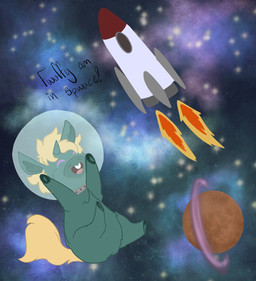 1_horn ambiguous_feral ambiguous_gender baby_talk blonde_hair bubble_helmet buckteeth dialogue eyelashes feral fire fur green_body green_fur green_hooves hair hooves horn open_mouth planet purple_eyelashes smile solo space tail teeth text yellow_tail young young_ambiguous young_feral lemoncurds fluffy_pony mythology equid equine fluffy_pony_(species) mammal mythological_creature mythological_equine unicorn 2021 digital_media_(artwork) english_text hi_res