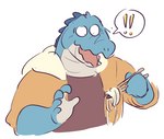 2021 anthro biped chopsticks clothed clothing crocodile crocodilian doginacafe duncan_(doginacafe) exclamation_point food hoodie humanoid_hands male reptile scalie shirt simple_background solo topwear white_background