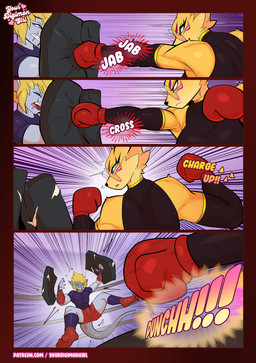 blue_eyes boxing_gloves clothing duo eyewear female fur glasses handwear male male/female mane muscle_tone strong_female text yellow_body yellow_fur conditional_dnp yourdigimongirl bandai_namco digimon digi_(yourdigimongirl) beelzemon canid canine digimon_(species) mammal taomon comic digital_media_(artwork) english_text hi_res url