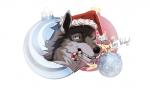 anthro blue_eyes candy candy_cane clothing dessert dialogue food hat headgear headwear holidays male scar simple_background solo text white_background kaylinmangorian christmas rakan canid canine canis mammal wolf 2017 5:3 digital_media_(artwork) english_text hi_res