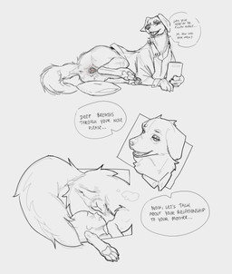 ambiguous_gender animal_genitalia animal_vulva anus assertive_female assertive_feral bestiality butt canine_genitalia canine_vulva clothing coat dialogue duo facesitting fangs female female/ambiguous female_feral feral genitals human_on_feral interspecies lab_coat notes paws pillow simple_background sitting_on_another sniffing snout tail teeth text therapist therapy therapy_dog topwear vulva_sniffing white_background syn-6 canid canine canis domestic_dog human mammal absurd_res english_text hi_res sketch