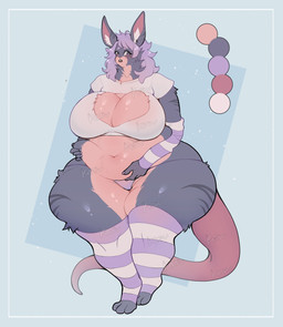 anthro arm_socks belly big_breasts blue_border border breasts buckteeth cleavage_cutout clothing color_swatch cutout digitigrade female footwear fur grey_body grey_fur hair hand_on_belly inner_ear_fluff legwear long_ears long_hair long_tail looking_at_viewer markings multicolored_body multicolored_fur navel open_mouth pattern_clothing pattern_footwear pattern_legwear pattern_socks pink_eyes pink_tail purple_clothing purple_hair purple_thong purple_underwear shirt socks striped_body striped_clothing striped_footwear striped_fur striped_markings striped_socks stripes t-shirt tail tan_body tan_fur teeth thick_thighs thong toeless_footwear toeless_socks topwear tuft two_tone_body two_tone_fur underwear wide_hips dayanara fan_character hybrid lagomorph leporid mammal mouse murid murine rabbit rodent absurd_res hi_res story story_in_description watermark