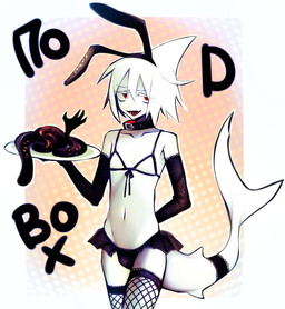 accessory albino armwear black_armwear black_clothing black_collar black_gloves black_handwear black_legwear black_lingerie black_panties black_underwear bottomwear bra clothed clothing collar colored_edge_bra colored_edge_underwear crossdressing cupless_bra dotted_background fake_ears fake_rabbit_ears fangs femboy fin fishnet_clothing fishnet_legwear food frilly frilly_clothing front-tie_bra garter glitter gloves hair handwear holding_tray lace lace-trimmed_clothing legwear lingerie looking_at_viewer male navel open_mouth panties pattern_background penis_in_panties plate red_eyes simple_background skirt solo stockings tail tail_fin tail_under_skirt teeth text thigh_highs tongue tray triangle_bra underwear white_body white_hair v1v404 deep_sea_prisoner funamusea wadanohara_and_the_great_blue_sea sal_(watgbs) syakesan animal_humanoid aquatic aquatic_humanoid fish fish_humanoid humanoid shark shark_humanoid hi_res russian_text