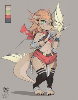 anthro bow_(weapon) bulge femboy green_eyes gynomorph high_tights intersex male ranged_weapon solo tribal tribal_clothing weapon yellow_body mercchav stelk kobold scalie absurd_res hi_res