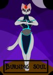 anthro bottomwear breasts clothing detailed_background female fire fur grey_body grey_fur loincloth looking_at_viewer navel purple_eyes solo standing text stormfluff567 canid canine fox ghost mammal red_fox silver_fox spirit true_fox cover full-length_portrait hi_res portrait video_game_cover