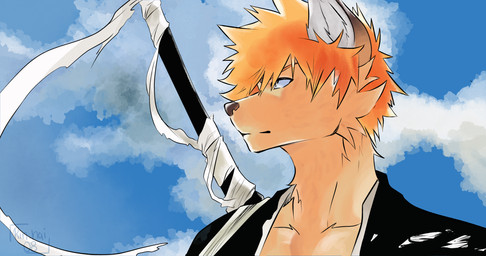 anthro bandage black_clothing brown_body brown_fur brown_nose cheek_tuft clothed clothed_anthro clothed_male clothing cloud day facial_tuft fur hair male melee_weapon mouth_closed orange_hair sky solo sword tan_body tan_fur text tuft weapon white_inner_ear haidrien bleach_(series) ichigo_kurosaki canid canine fox mammal zanpakuto 2023 artist_name hi_res wallpaper