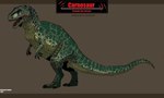 claws feral green_body green_scales male open_mouth orange_eyes osteoderms scales scar sharp_teeth side_view simple_background teeth text_box hellraptorstudios carnosaur_(john_brosnan) dinosaur megalosaurid megalosaurus prehistoric_species reptile scalie theropod absurd_res hi_res