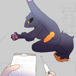 ambiguous_gender anthro anthro_focus balls dish genitals group knot knotted_penis male male_anthro male_focus nervous paws penis scientific_instrument solo_focus spread_legs spreading thermometer yellow_penis yellow_sclera wondom casualties:_unknown expie_(gunsawian) gunsawian 1:1 hi_res
