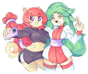 anthro duo electronics female fur gesture hand_gesture mariko_(zipskyblue) midriff phone smile taking_picture taking_selfie v_sign yellow_body yellow_fur zipskyblue kyoko_(zipskyblue) felid feline mammal