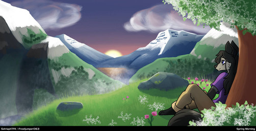 anthro black_hair blossoms bottomwear clothed clothing female fur fur_markings grey_body grey_fur hair lake markings mountain mountain_range pants plant purple_clothing purple_eyes purple_shirt purple_topwear rock shirt shrub sitting sitting_on_ground solo spring_(season) sunrise tail tan_bottomwear tan_clothing tan_pants text topwear tree under_tree setriaphtfj lumila_tenris canid canine fox mammal red_fox silver_fox true_fox english_text