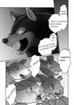 2014 akira_(maririn) anthro bodily_fluids bovid canid canine canis caprine child comic dialogue digital_media_(artwork) domestic_pig domestic_sheep english_text fangs fur glowing glowing_eyes greyscale group hi_res lagomorph leporid male mammal maririn monochrome mouse murid murine rabbit rodent saliva sheep slightly_chubby suid suina sus_(pig) teeth text translated wolf young