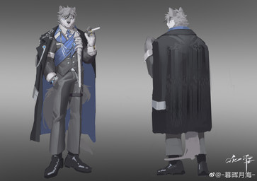 anthro black_clothing black_coat black_footwear black_shoes black_topwear blue_eyes bottomwear cigarette clothed clothing coat footwear front_view fur gradient_background grey_body grey_bottomwear grey_clothing grey_fur grey_hair grey_pants grey_topwear hair holding_cigarette holding_object looking_at_viewer male male_anthro mouth_closed pants rear_view shoes short_hair simple_background solo standing topwear white_body white_fur awaldkize canid canine mammal absurd_res hi_res
