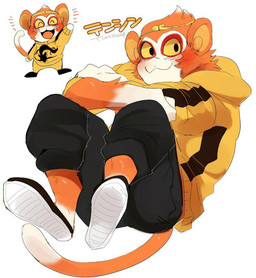 anthro clothed clothing curled_up fully_clothed male solo text hyaku_(artist) animal_crossing nintendo tiansheng_(animal_crossing) haplorhine mammal monkey primate japanese_text