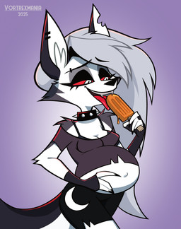 anthro belly big_belly bottomwear bra clothed clothing collar ear_piercing ear_ring eating eating_food eyebrow_piercing facial_piercing female food fur gradient_background grey_body grey_fur hand_on_belly navel notched_ear outie_navel piercing popsicle popsicle_in_mouth pregnant pregnant_anthro pregnant_female pupils purple_background raised_clothing raised_topwear red_sclera ring_piercing shorts simple_background slit_pupils solo spiked_collar spikes topwear underwear wearing_collar white_body white_eyes white_fur vortrexmania hellaverse helluva_boss mythology loona_(helluva_boss) canid canid_demon canine demon hellhound mammal mythological_canine mythological_creature 2025 digital_drawing_(artwork) digital_media_(artwork) hi_res