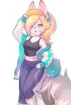 anthro blonde_hair blue_eyes bottomwear breasts clothing crop_top denim denim_bottomwear denim_clothing eyebrows eyelashes female fur hair hand_on_hip hat headgear headwear jacket jeans midriff navel pants ponytail shirt solo topwear white_body white_fur bitterk4t mario_bros nintendo super_mario_galaxy rosalina_(mario) arctic_fox canid canine fox mammal true_fox 2025 hi_res