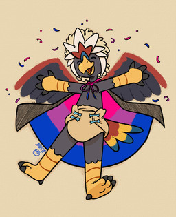4_fingers 4_toes abstract_background ambiguous_gender animal_feet anthro back_wings beak beak_open bisexual_male bisexual_pride_cape bisexual_pride_clothing bisexual_pride_colors bisexual_pride_confetti black_cape black_claws black_clothing black_finger_claws black_talons black_toe_claws blue_cere blue_diaper_fastener blue_fastener blue_tail blue_tail_feathers blue_tail_tip cape celebrating cere_(anatomy) claws cloth_diaper clothed clothing confetti diaper diaper_fastener diaper_fetish dipstick_tail eyes_closed fan_tail fastener feather_hair feathered_crest feathered_wings feathers feet finger_claws fingers grey_arms grey_body grey_face grey_feathers grey_legs grey_wings hallux head_crest humanoid_hands jumping lgbt_pride logo markings multicolored_body multicolored_feathers multicolored_tail multicolored_tail_feathers open_beak open_mouth open_smile pokemorph pride_colors pseudo_hair raised_arms red_feathered_crest red_tail red_tail_feathers red_wings scuted_arms scuted_feet scuted_hands scuted_legs scutes simple_background smile solo tail tail_feathers tail_markings talon_hands talons tan_background tan_cloth_diaper tan_feather_hair teeth text throwing throwing_confetti toe_claws toes tongue wearing_cape wearing_diaper white_feathered_crest wings yellow_arms yellow_beak yellow_feet yellow_hands yellow_legs yellow_tail yellow_tail_feathers berrysweetcow lgbt_pride_month nintendo pokemon fan_character nado_soarian avian braviary generation_5_pokemon pokemon_(species) absurd_res artist_logo artist_name colored digital_drawing_(artwork) digital_media_(artwork) hi_res
