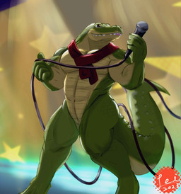 anthro biceps blep dark_eyes electronics entangled featureless_crotch green_body green_scales holding_microphone holding_object male microphone multicolored_body muscular muscular_male red_scarf scales scarf sharp_teeth smile solo spotlight_beam stage standing tail teeth thick_tail thick_thighs tongue tongue_out two_tone_body lawleilei lyle_lyle_crocodile lyle_(lyle_lyle_crocodile) crocodile crocodilian reptile scalie 2023 hi_res