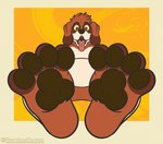 anthro belly brown_pawpads feet floppy_ears foot_fetish foot_focus happy looking_at_viewer male nude nude_anthro open_mouth pawpads paws slightly_chubby smile solo toes tongue bembosdoggo bappy_(bembosdoggo) canid canine canis domestic_dog mammal molosser mountain_dog saint_bernard hi_res