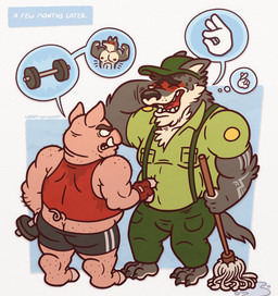 abs anthro black_body black_fur bottomwear butt cleaning_tool clothed clothing duo fur hat headgear headwear larger_male male mop muscular muscular_male overweight overweight_male plantigrade shirt shorts simple_background size_difference smaller_male speech_bubble suspenders tank_top topwear weights white_background themongrel canid canine canis domestic_pig mammal suid suine sus_(pig) wolf
