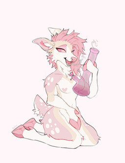 ambiguous_gender anthro biped bloodshot_eyes bong drugs eyebrows fingers hair heart_nipples heart_pasties holding_bong holding_object hooved_fingers hooved_toes hooves kneeling looking_at_viewer marijuana nipples open_mouth open_smile pasties pink_bong pink_eyebrows pink_eyes pink_hair pink_hooves pink_inner_ear pink_nose pink_tail pink_text pink_tongue pose side_part_hair simple_background smile smoke smoke_from_mouth smoking smoking_marijuana solo tail teeth text tongue white_background amethedeer deer mammal 2026 colored dated digital_drawing_(artwork) digital_media_(artwork) hi_res pinup signature nonbinary_(lore)