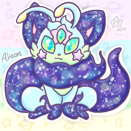 3_eyes ambiguous_gender antennae_(anatomy) blue_body blue_fur feral fur green_eyes multi_eye smile solo star lewdchuu fakemon nintendo pokemon alieon eeveelution pokemon_(species) 1:1 hi_res