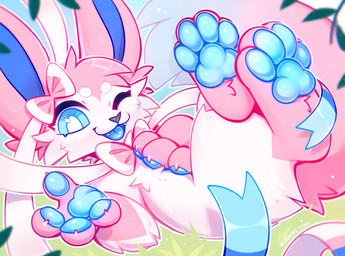 ambiguous_gender claws feet feral fur hair looking_at_viewer lying on_back smile solo tail teeth toes tongue bloominglynx nintendo pokemon eeveelution generation_6_pokemon pokemon_(species) sylveon 2026 absurd_res digital_drawing_(artwork) digital_media_(artwork) hi_res