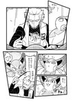 ambiguous_gender cat_toy clothing eyelashes feathers jacket male slightly_chubby text topwear dmachine11 nintendo pokemon team_galactic cyrus_(pokemon) felid feline generation_4_pokemon mammal pokemon_(species) purugly absurd_res black_and_white comic hi_res japanese_text monochrome translation_request