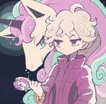 ambiguous_gender blonde_hair blue_background blue_eyes blue_hair brush clothing duo feral hair holding_object horn human_focus jacket looking_at_another male not_furry_focus pink_hair purple_eyes simple_background smile sparkles topwear sanu mythology nintendo pokemon bede_(pokemon) equid equine galarian_form galarian_ponyta galarian_rapidash generation_8_pokemon human inanimate_object mammal mythological_creature mythological_equine pokemon_(species) regional_form_(pokemon) unicorn 2020 hi_res