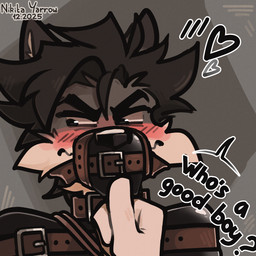 anthro bdsm black_eyes black_hair black_latex blush blush_lines brown_collar collar cuff_(restraint) duo finger_on_chin flustered fur grey_body grey_fur hair heart_symbol latex leather leather_cuffs male male/male muzzle_(object) muzzled pet_praise petplay praise restraints roleplay solo_focus speech_bubble submissive submissive_anthro submissive_male text white_body white_fur nikitayarrow mavi_(nikitayarrow) canid canine fox mammal platinum_fox red_fox true_fox 1:1 2025 english_text hi_res